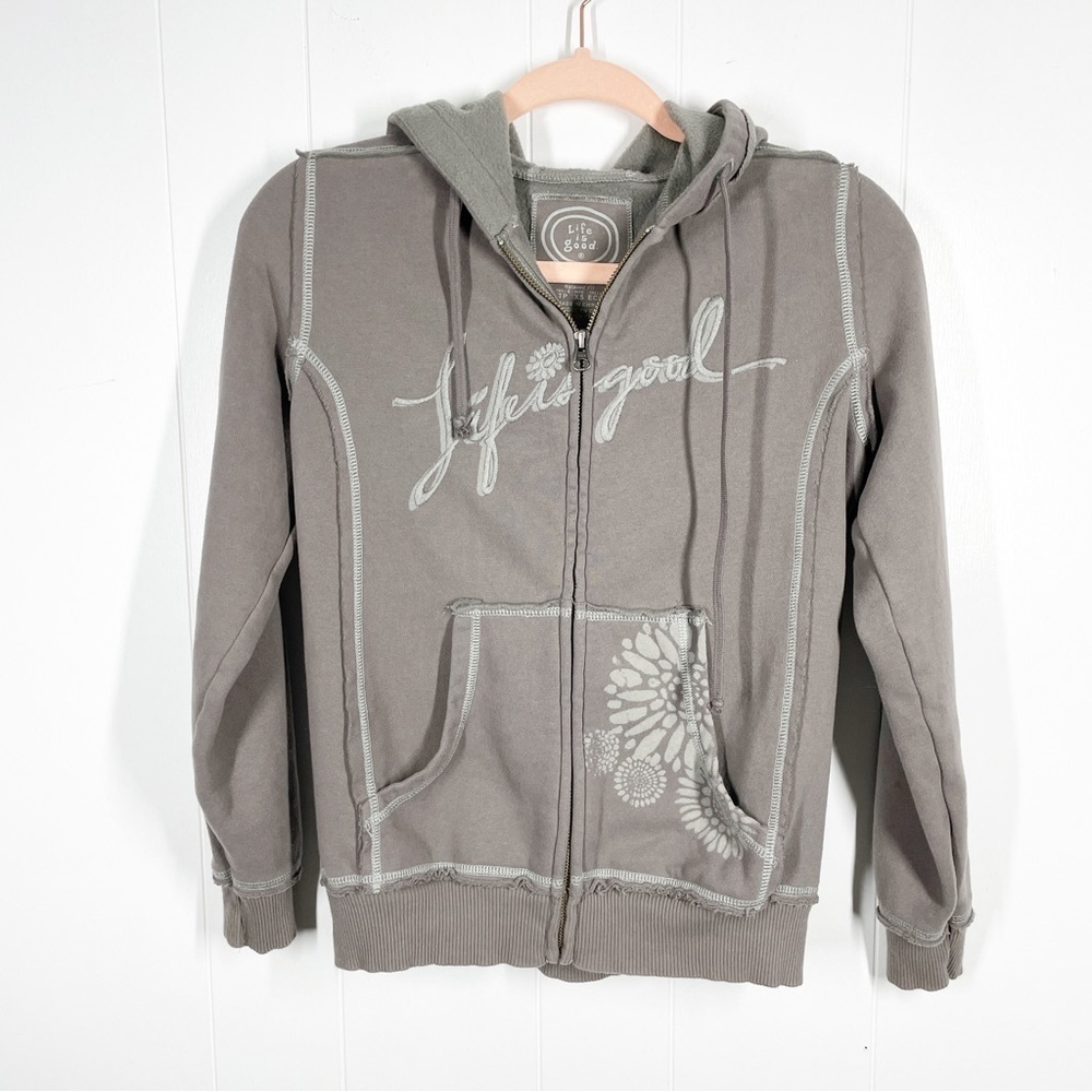 Life is Good Floral Full Zip Gray Long Sleeve Hoodie Size Extra Small - Picture 1 of 7
